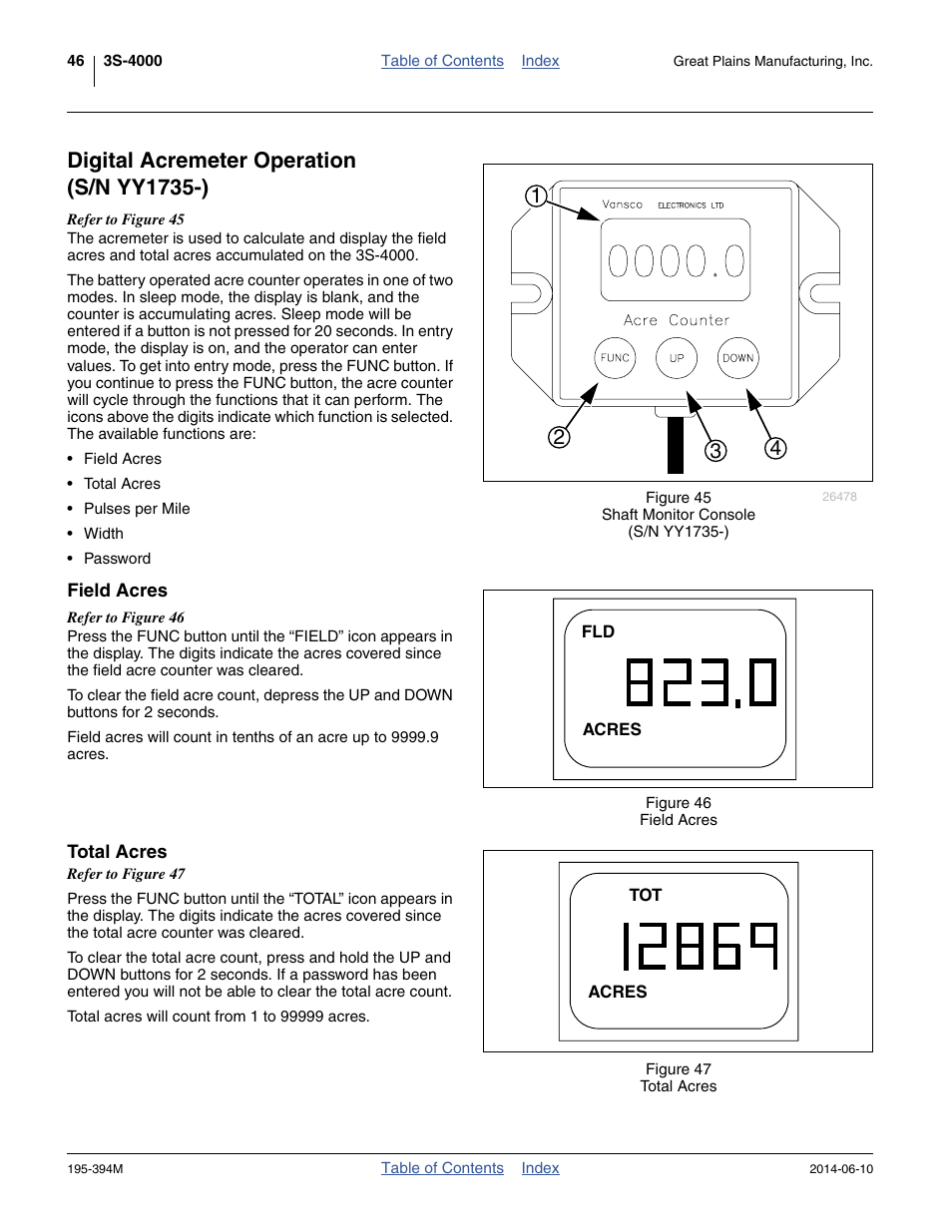 Digital acremeter operation (s/n yy1735-), Field acres, Total acres | Field acres total acres | Great Plains 3S-4000F Operator Manual User Manual | Page 50 / 114