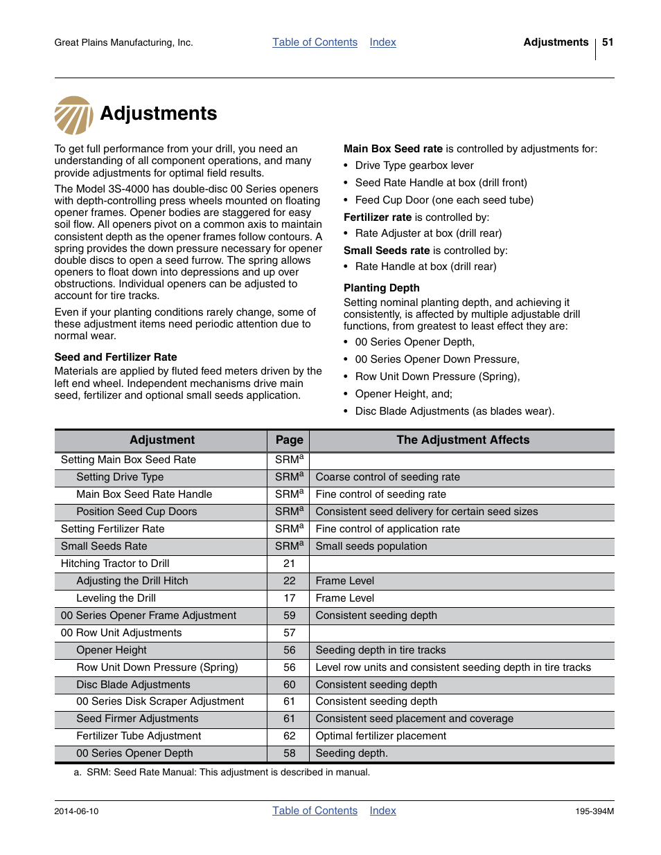 Adjustments, Seed and fertilizer rate, Planting depth | Great Plains 3S-4000F Operator Manual User Manual | Page 55 / 114