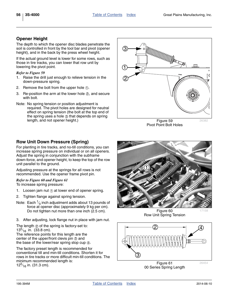 Opener height, Row unit down pressure (spring), Opener height row unit down pressure (spring) | Opener height, and | Great Plains 3S-4000F Operator Manual User Manual | Page 60 / 114