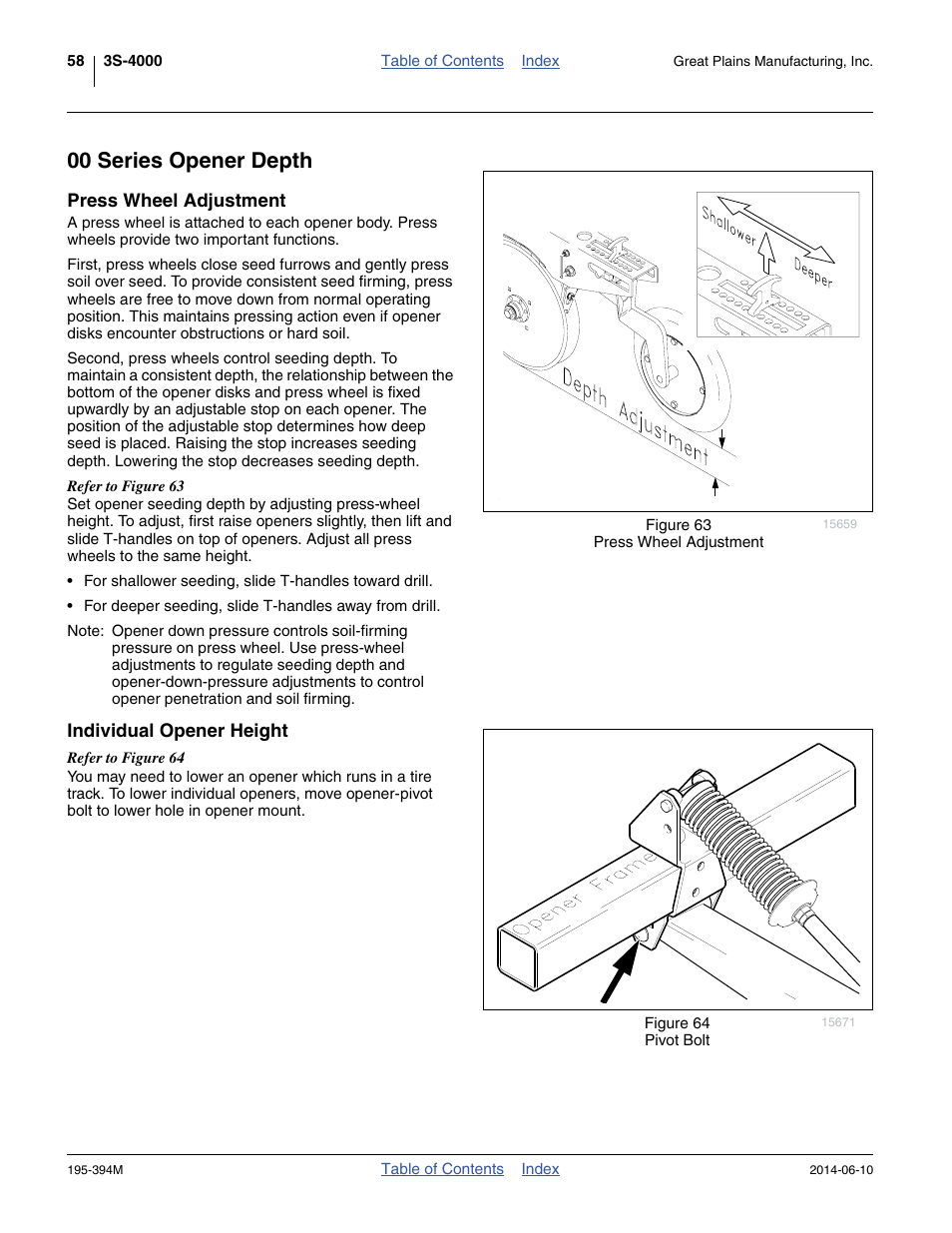 00 series opener depth, Press wheel adjustment, Individual opener height | Press wheel adjustment individual opener height | Great Plains 3S-4000F Operator Manual User Manual | Page 62 / 114