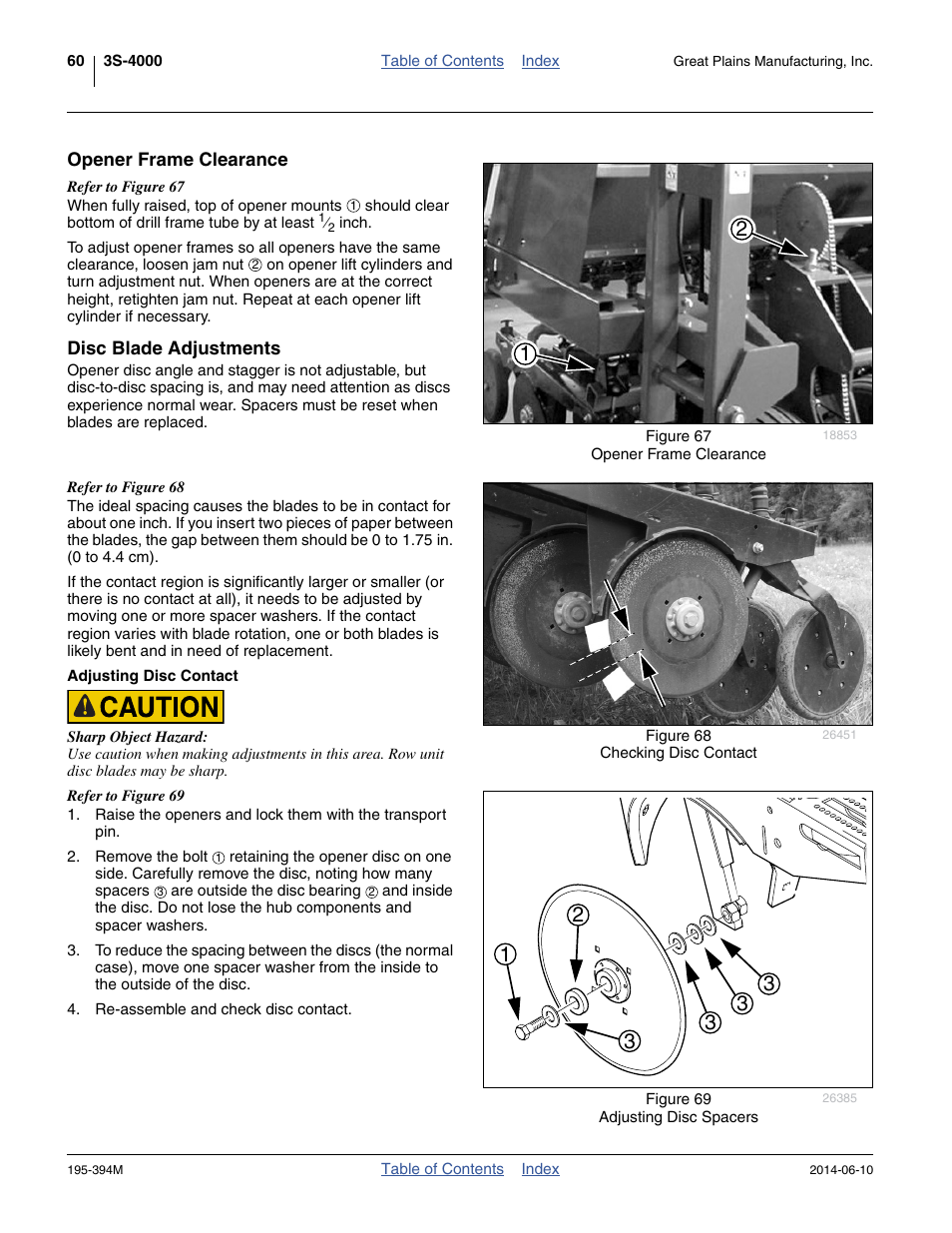 Opener frame clearance, Disc blade adjustments, Adjusting disc contact | Opener frame clearance disc blade adjustments, Mm). see, Disc blade adjustments (as b | Great Plains 3S-4000F Operator Manual User Manual | Page 64 / 114