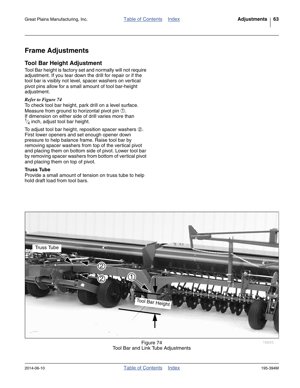Frame adjustments, Tool bar height adjustment, Truss tube | Great Plains 3S-4000F Operator Manual User Manual | Page 67 / 114