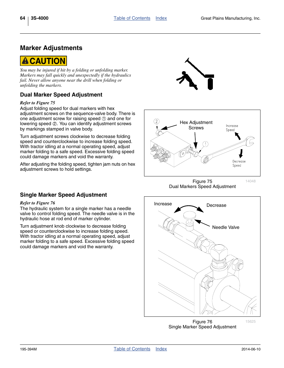 Marker adjustments, Dual marker speed adjustment, Single marker speed adjustment | Great Plains 3S-4000F Operator Manual User Manual | Page 68 / 114