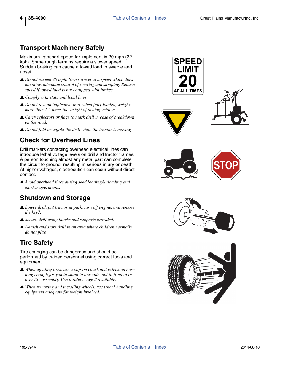 Transport machinery safely, Check for overhead lines, Shutdown and storage | Tire safety | Great Plains 3S-4000F Operator Manual User Manual | Page 8 / 114