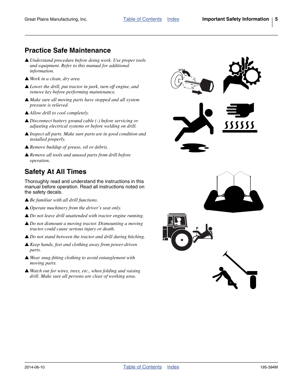 Practice safe maintenance, Safety at all times | Great Plains 3S-4000F Operator Manual User Manual | Page 9 / 114