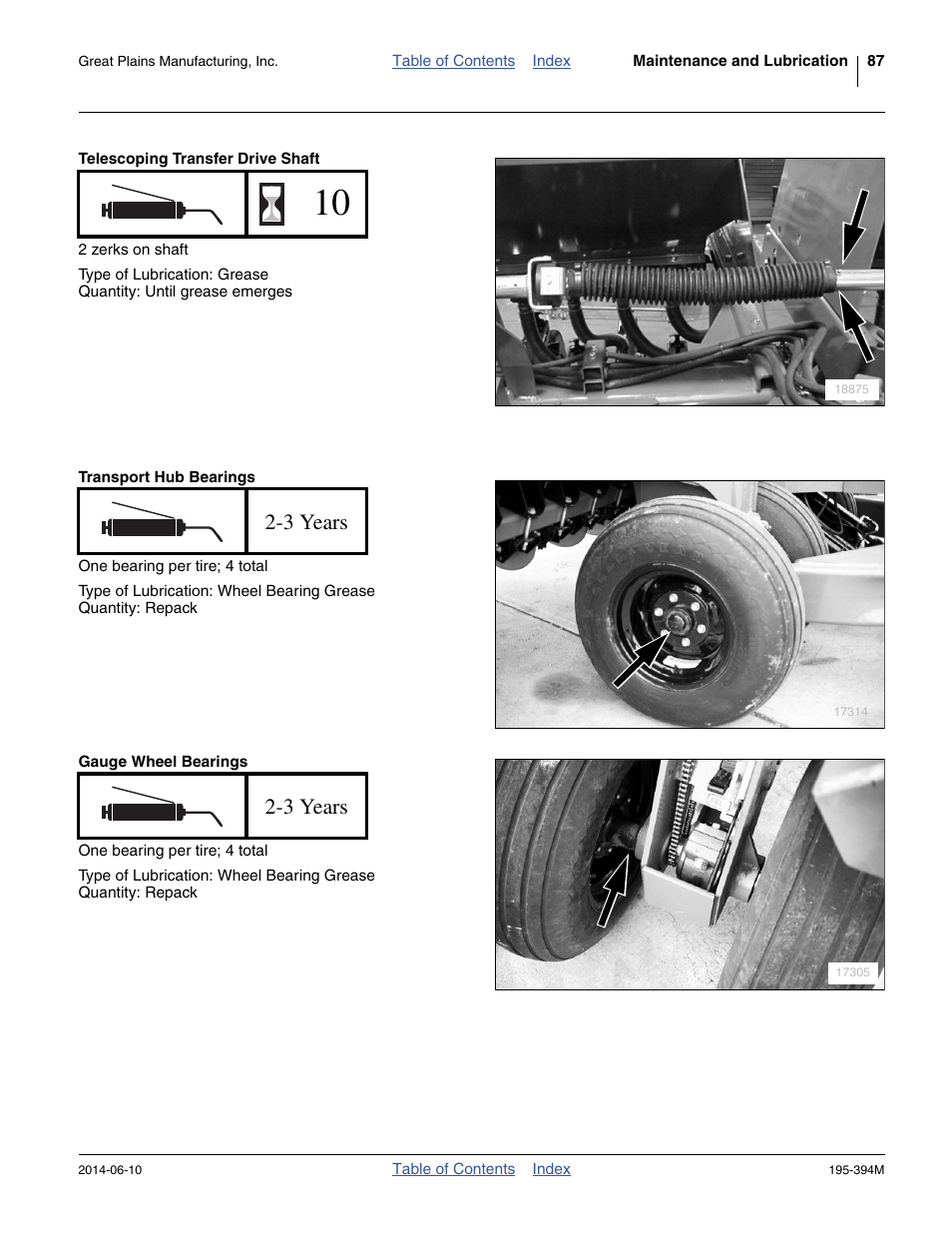 Telescoping transfer drive shaft, Transport hub bearings, Gauge wheel bearings | 3 years | Great Plains 3S-4000F Operator Manual User Manual | Page 91 / 114