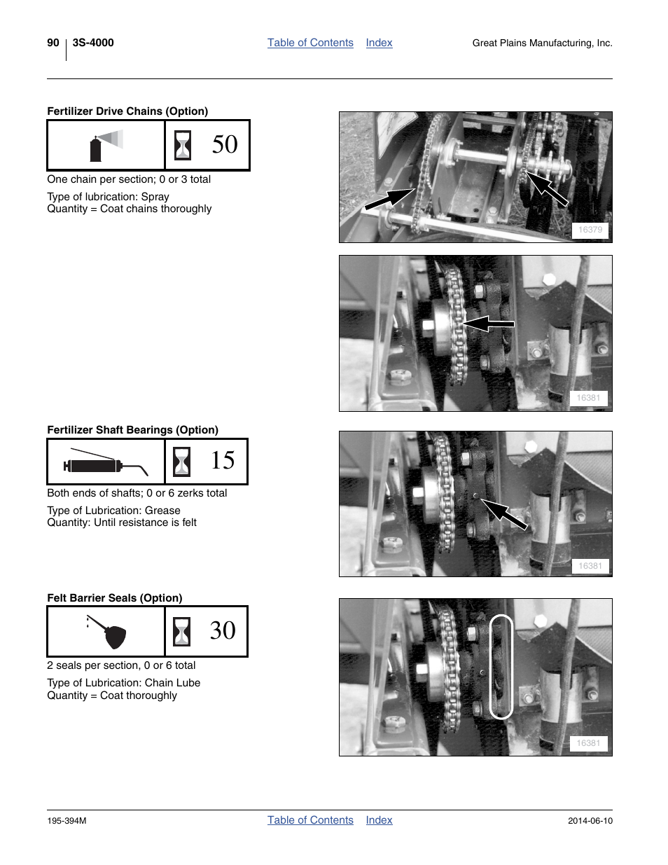 Fertilizer drive chains (option), Fertilizer shaft bearings (option), Felt barrier seals (option) | Great Plains 3S-4000F Operator Manual User Manual | Page 94 / 114