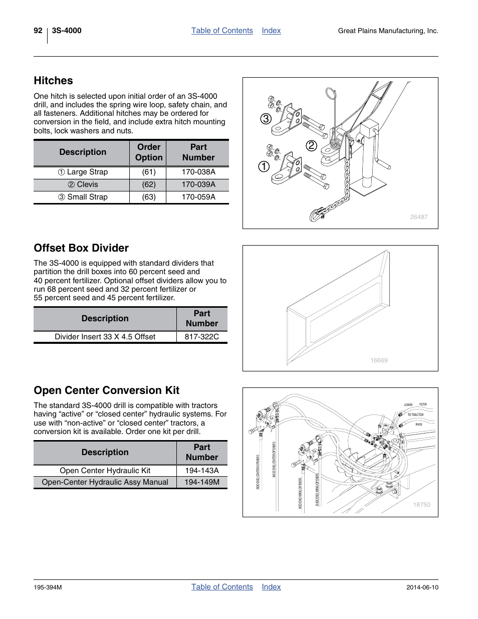 Hitches, Offset box divider, Open center conversion kit | Description order option part number, Description part number | Great Plains 3S-4000F Operator Manual User Manual | Page 96 / 114