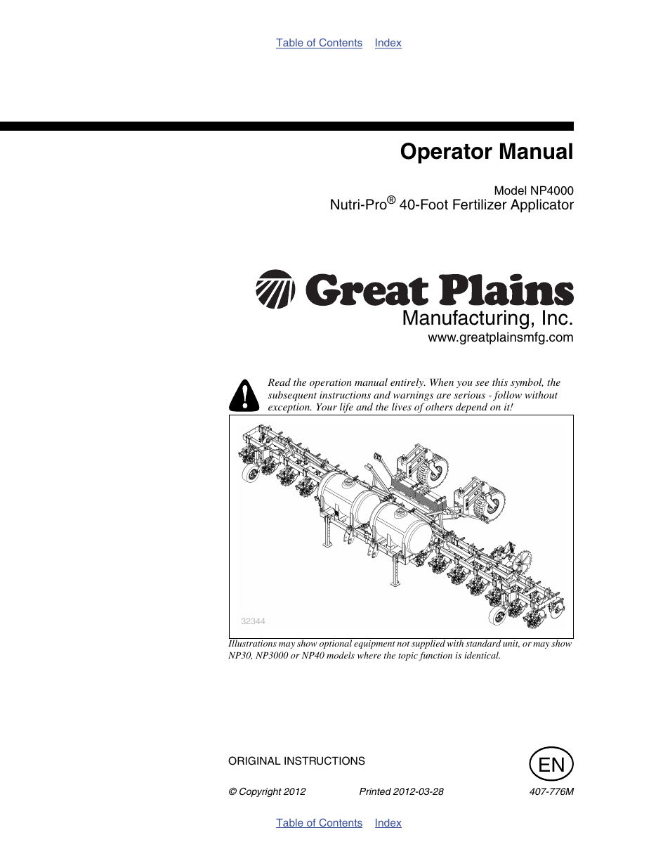 Great Plains NP4000 40-foot Operator Manual User Manual | 134 pages