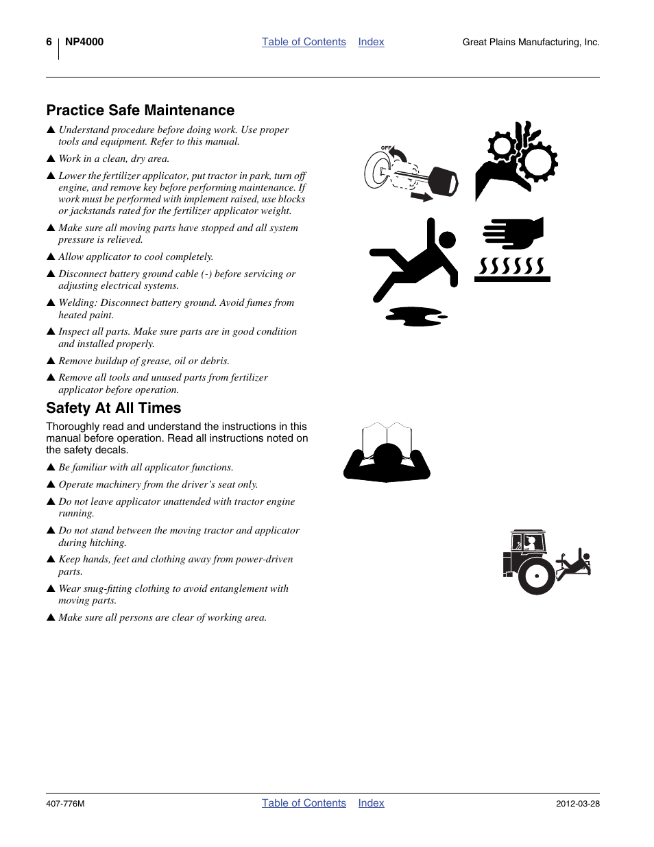 Practice safe maintenance, Safety at all times | Great Plains NP4000 40-foot Operator Manual User Manual | Page 10 / 134