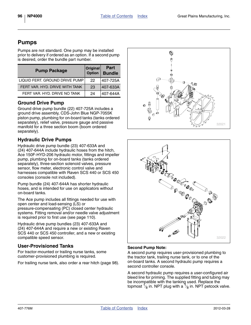 Pumps, Second pump note, Ground drive pump | Hydraulic drive pumps, User-provisioned tanks | Great Plains NP4000 40-foot Operator Manual User Manual | Page 100 / 134