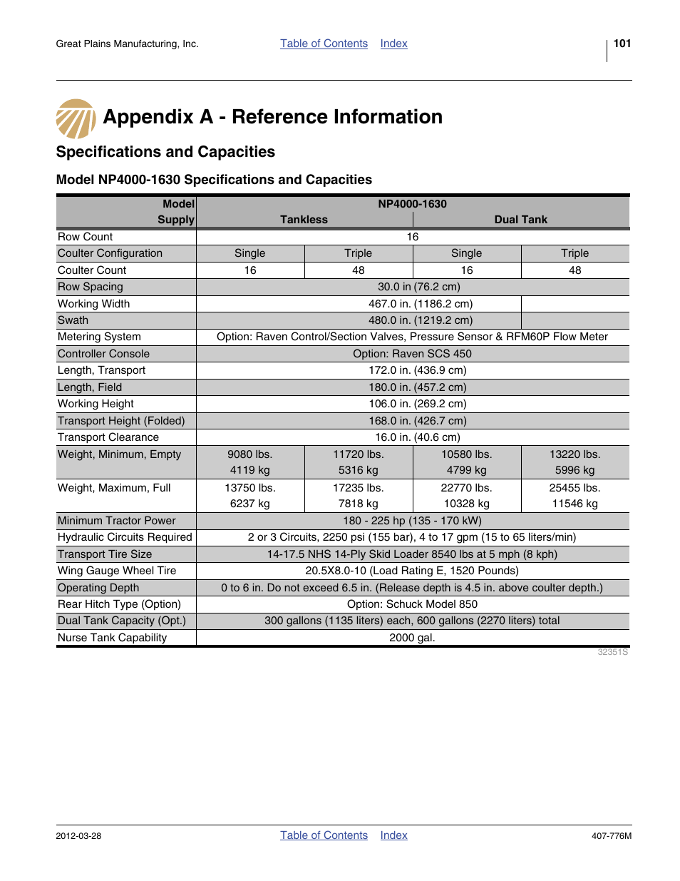 Appendix a - reference information, Specifications and capacities, Model np4000-1630 specifications and capacities | Great Plains NP4000 40-foot Operator Manual User Manual | Page 105 / 134