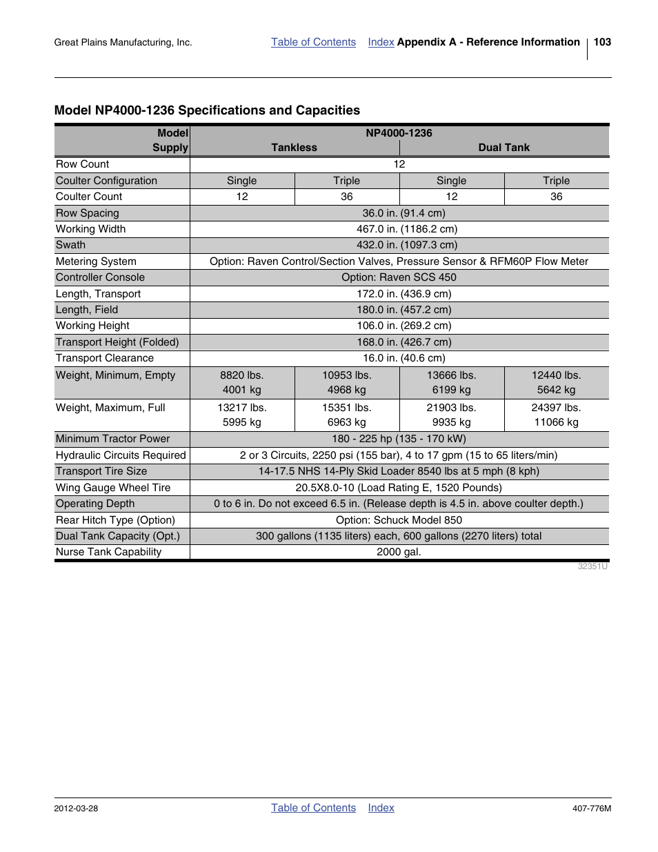 Model np4000-1236 specifications and capacities | Great Plains NP4000 40-foot Operator Manual User Manual | Page 107 / 134