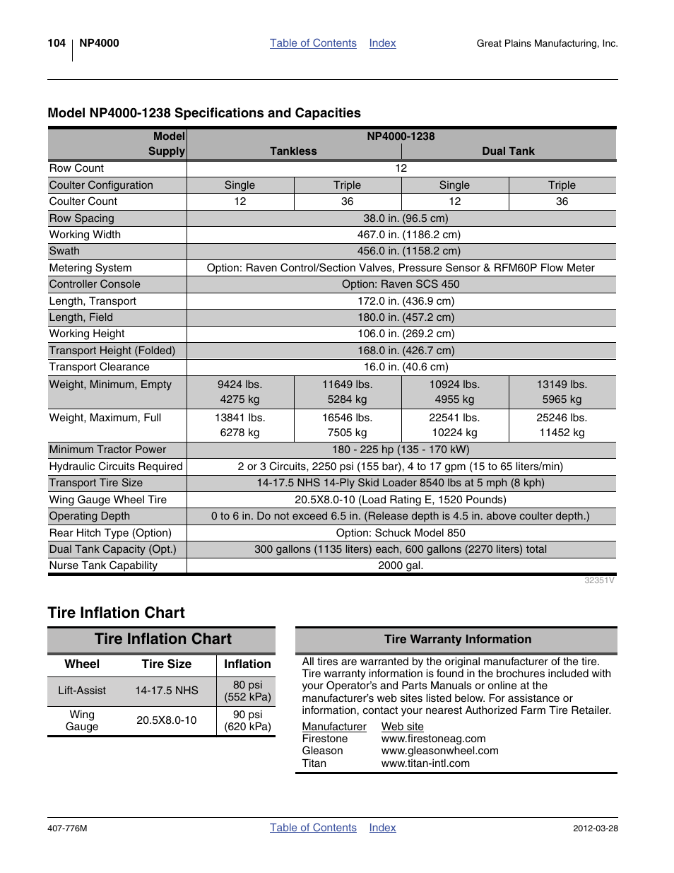 Model np4000-1238 specifications and capacities, Tire inflation chart | Great Plains NP4000 40-foot Operator Manual User Manual | Page 108 / 134