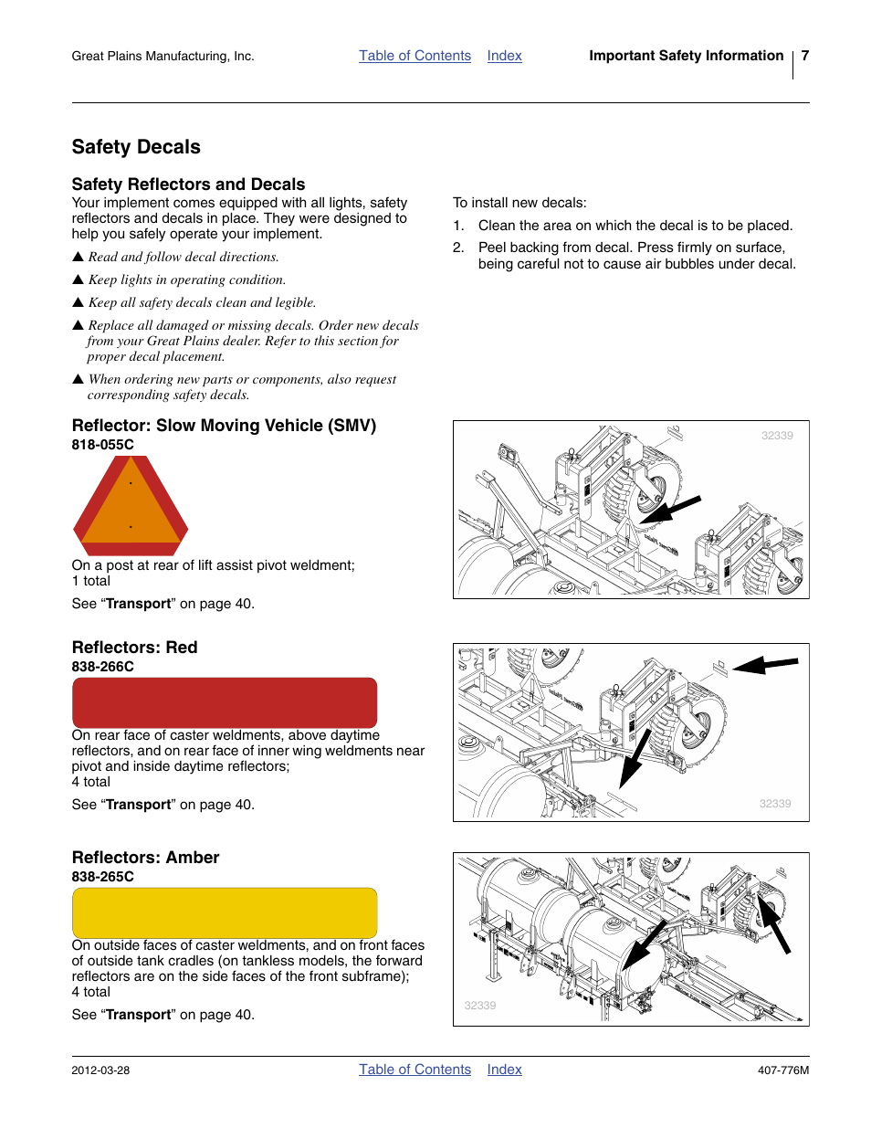 Safety decals, Safety reflectors and decals, Reflector: slow moving vehicle (smv) | 055c, Reflectors: red, 266c, Reflectors: amber, 265c | Great Plains NP4000 40-foot Operator Manual User Manual | Page 11 / 134