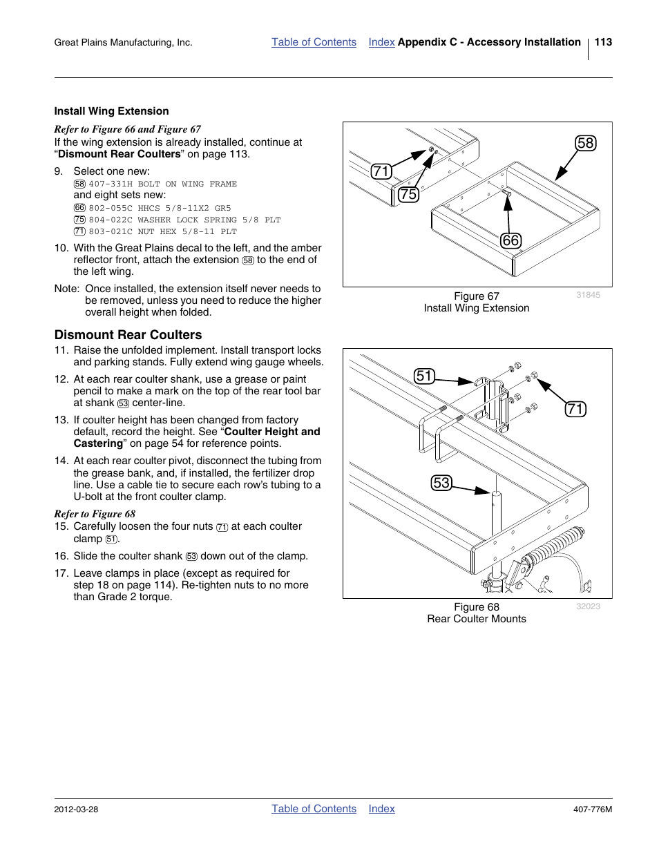 Install wing extension, Dismount rear coulters | Great Plains NP4000 40-foot Operator Manual User Manual | Page 117 / 134