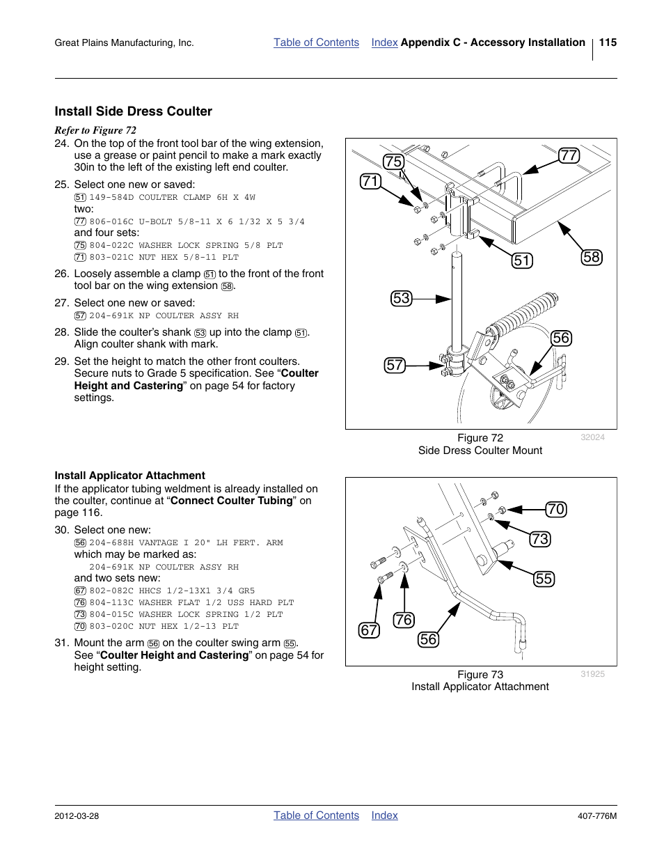Install side dress coulter, Install applicator attachment | Great Plains NP4000 40-foot Operator Manual User Manual | Page 119 / 134