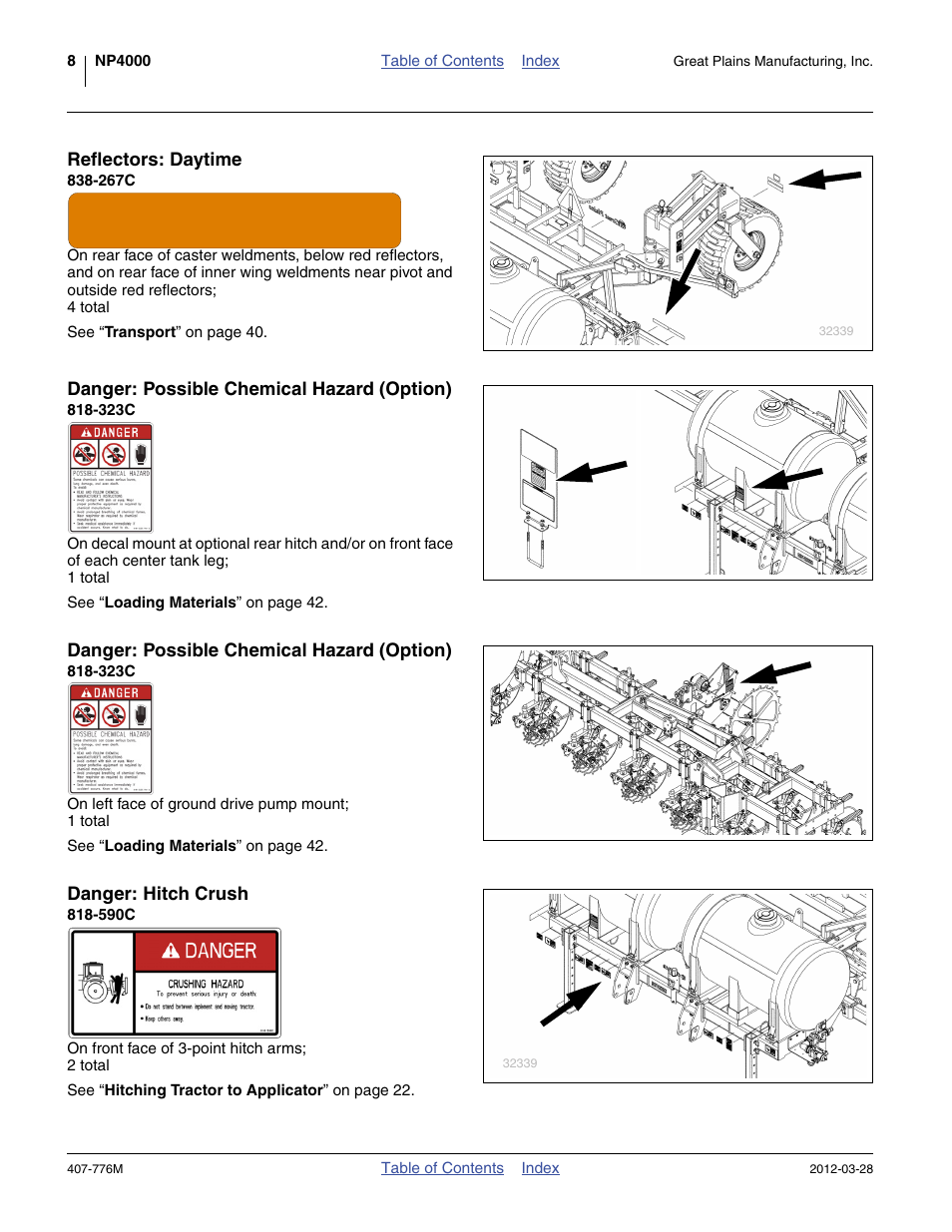 Reflectors: daytime, 267c, Danger: possible chemical hazard (option) | 323c, Danger: hitch crush, 590c | Great Plains NP4000 40-foot Operator Manual User Manual | Page 12 / 134