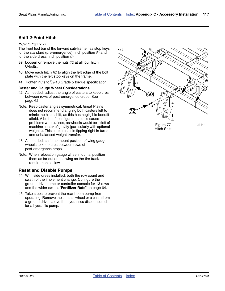 Shift 2-point hitch, Caster and gauge wheel considerations, Reset and disable pumps | Great Plains NP4000 40-foot Operator Manual User Manual | Page 121 / 134