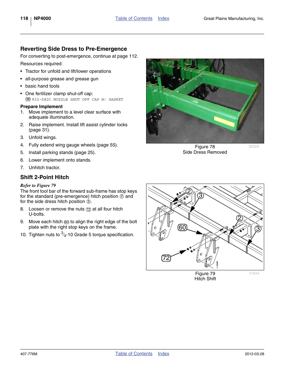 Reverting side dress to pre-emergence, Prepare implement, Shift 2-point hitch | Great Plains NP4000 40-foot Operator Manual User Manual | Page 122 / 134