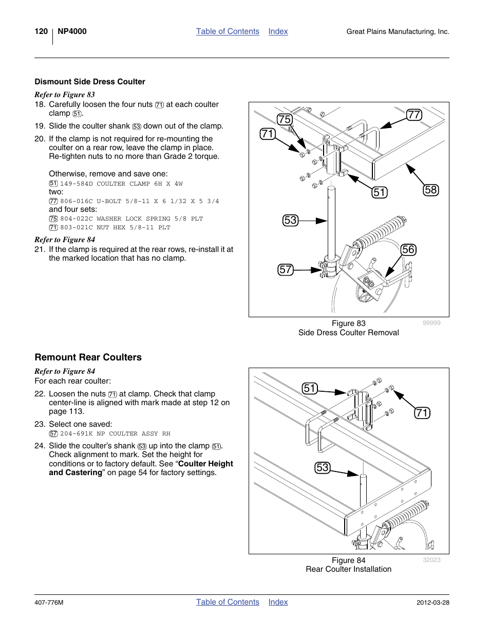 Dismount side dress coulter, Remount rear coulters | Great Plains NP4000 40-foot Operator Manual User Manual | Page 124 / 134