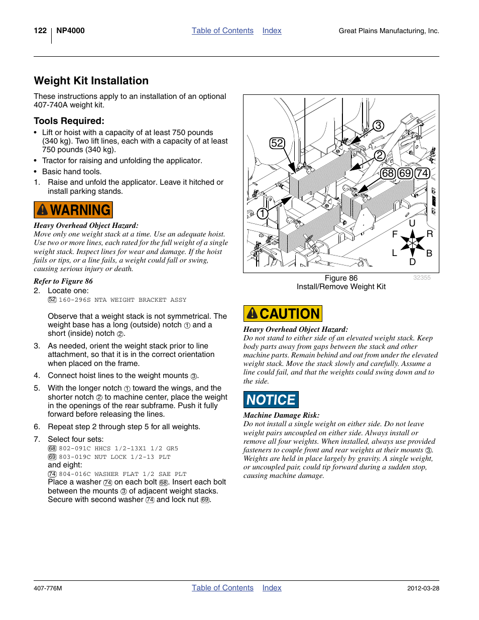 Weight kit installation, Tools required | Great Plains NP4000 40-foot Operator Manual User Manual | Page 126 / 134