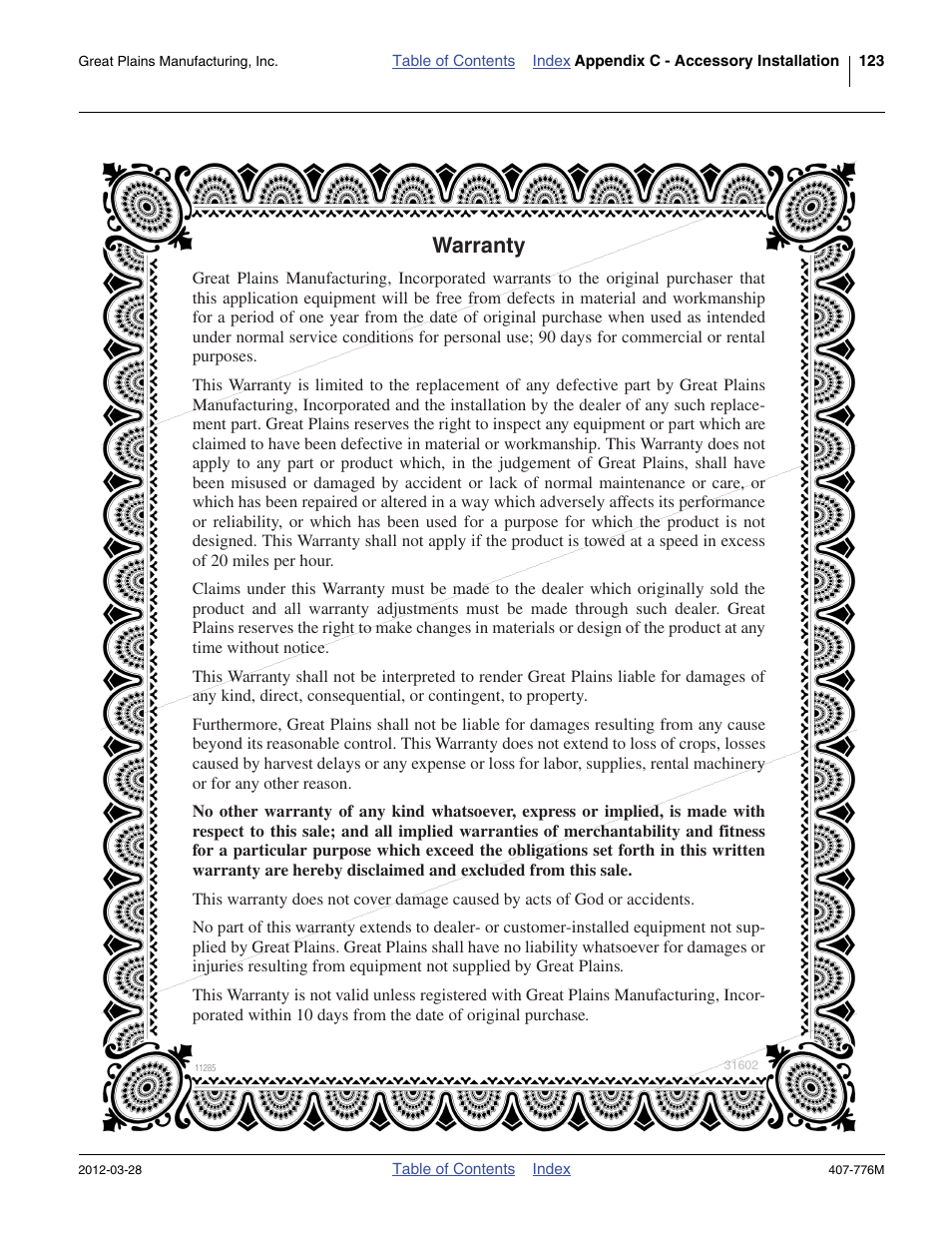 Warranty | Great Plains NP4000 40-foot Operator Manual User Manual | Page 127 / 134