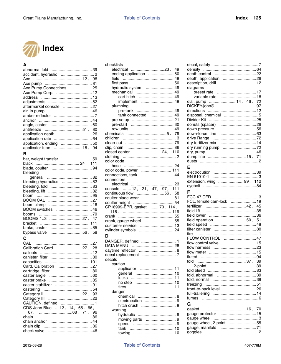 Index | Great Plains NP4000 40-foot Operator Manual User Manual | Page 129 / 134