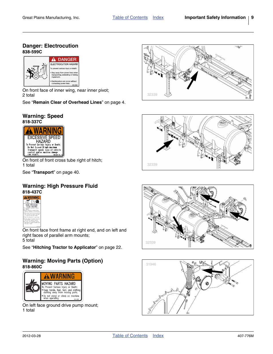 Danger: electrocution, 599c, Warning: speed | 337c, Warning: high pressure fluid, 437c, Warning: moving parts (option), 860c | Great Plains NP4000 40-foot Operator Manual User Manual | Page 13 / 134
