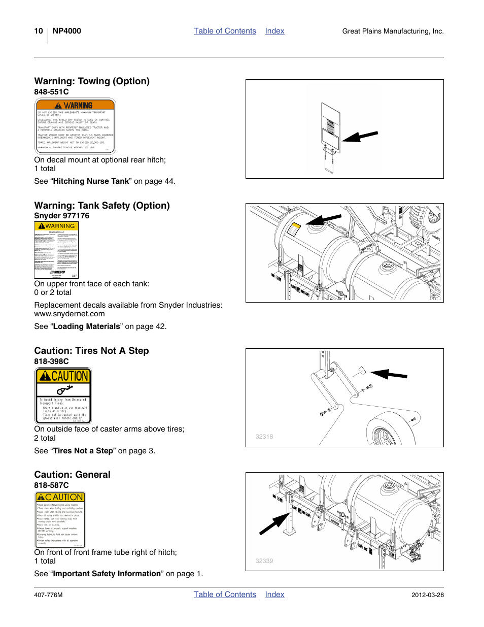 Warning: towing (option), 551c, Warning: tank safety (option) | Snyder 977176, Caution: tires not a step, 398c, Caution: general, 587c | Great Plains NP4000 40-foot Operator Manual User Manual | Page 14 / 134