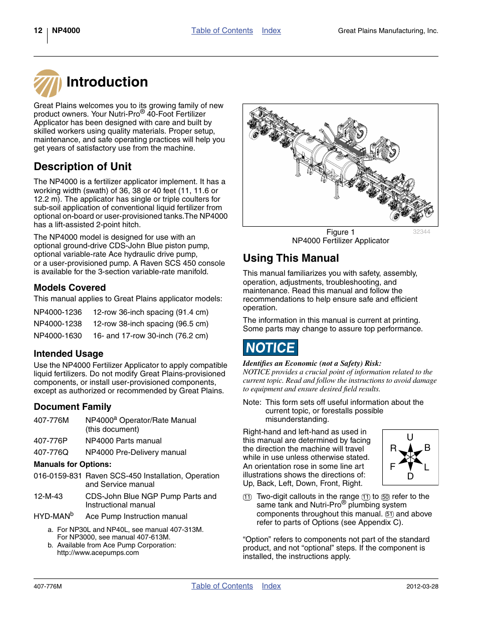 Introduction, Using this manual, Description of unit | Models covered, Intended usage, Document family, Manuals for options, Introduction using this manual description of unit, Models covered intended usage document family | Great Plains NP4000 40-foot Operator Manual User Manual | Page 16 / 134