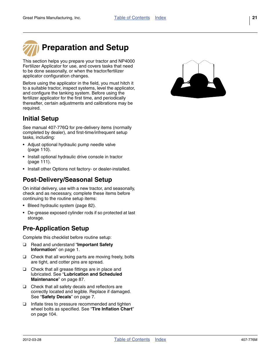 Preparation and setup, Initial setup, Post-delivery/seasonal setup | Pre-application setup | Great Plains NP4000 40-foot Operator Manual User Manual | Page 25 / 134