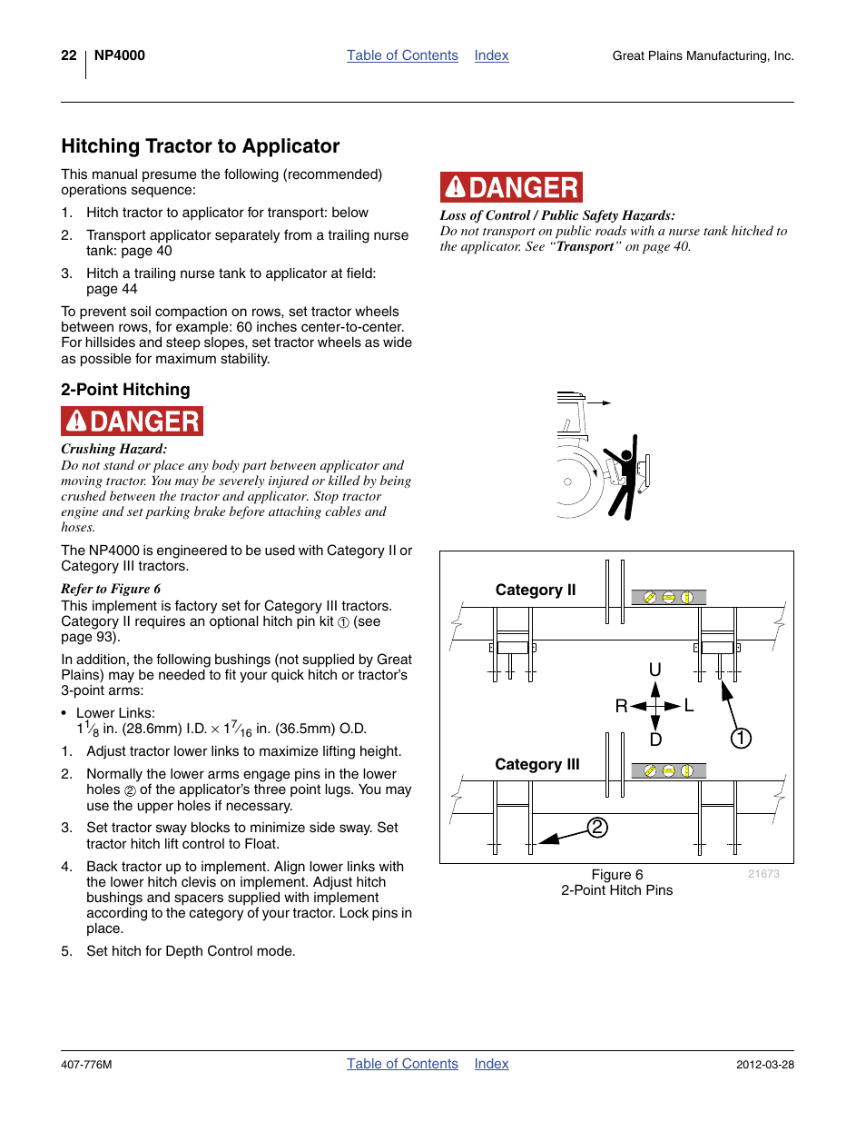 Hitching tractor to applicator, Point hitching, Ud l r | Great Plains NP4000 40-foot Operator Manual User Manual | Page 26 / 134