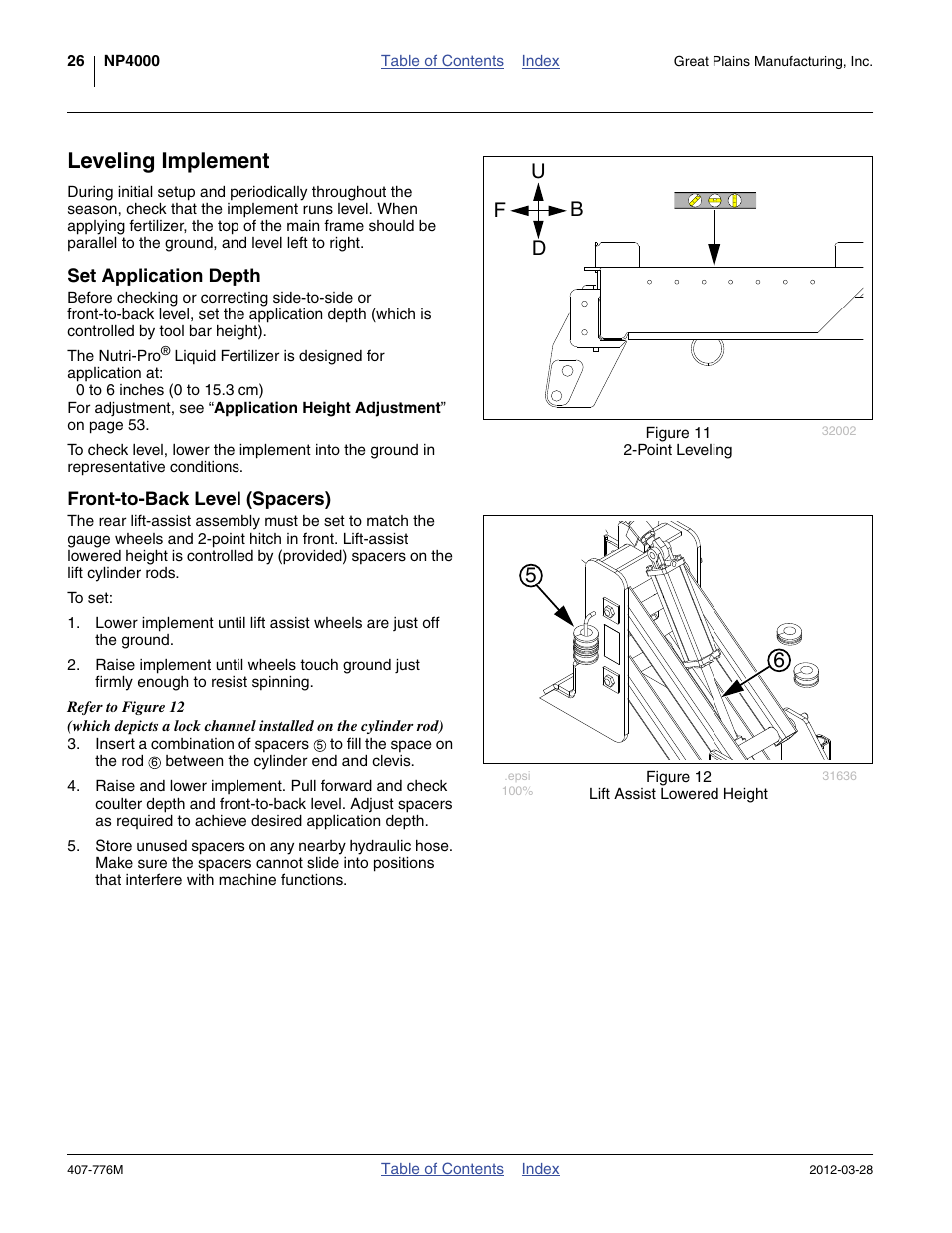 Leveling implement, Set application depth, Front-to-back level (spacers) | Ud b f | Great Plains NP4000 40-foot Operator Manual User Manual | Page 30 / 134