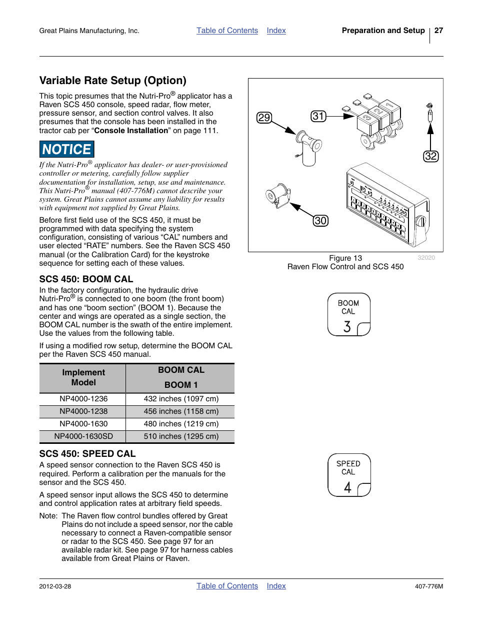 Variable rate setup (option), Scs 450: boom cal, Scs 450: speed cal | Great Plains NP4000 40-foot Operator Manual User Manual | Page 31 / 134