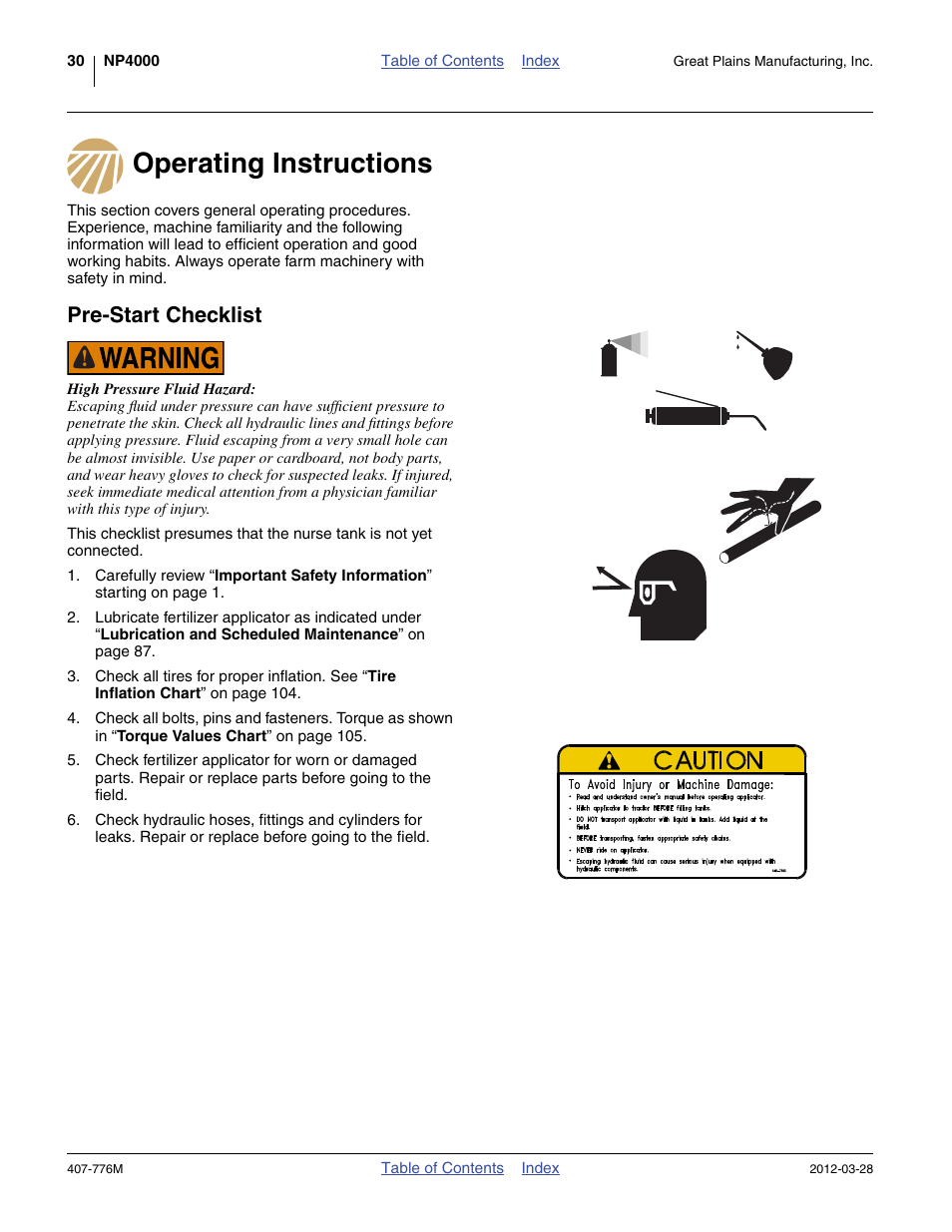 Operating instructions, Pre-start checklist, Operating instructions pre-start checklist | Great Plains NP4000 40-foot Operator Manual User Manual | Page 34 / 134