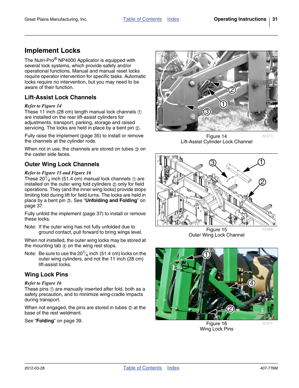 Implement locks, Lift-assist lock channels, Outer wing lock channels | Wing lock pins | Great Plains NP4000 40-foot Operator Manual User Manual | Page 35 / 134