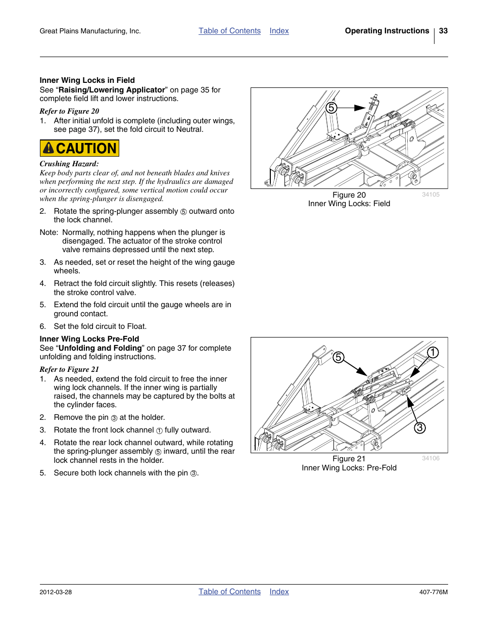 Inner wing locks in field, Inner wing locks pre-fold | Great Plains NP4000 40-foot Operator Manual User Manual | Page 37 / 134