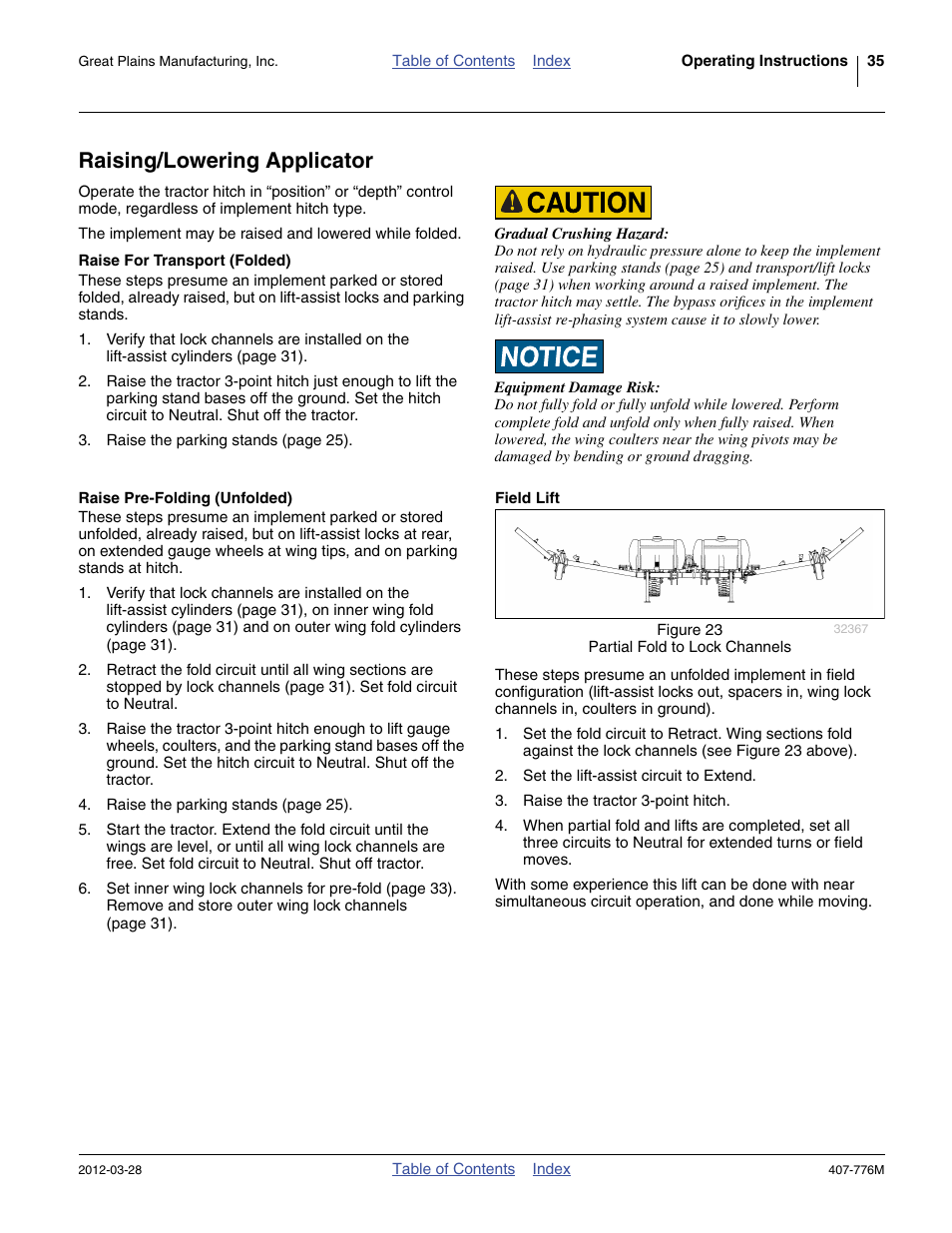 Raising/lowering applicator, Raise for transport (folded), Raise pre-folding (unfolded) | Great Plains NP4000 40-foot Operator Manual User Manual | Page 39 / 134
