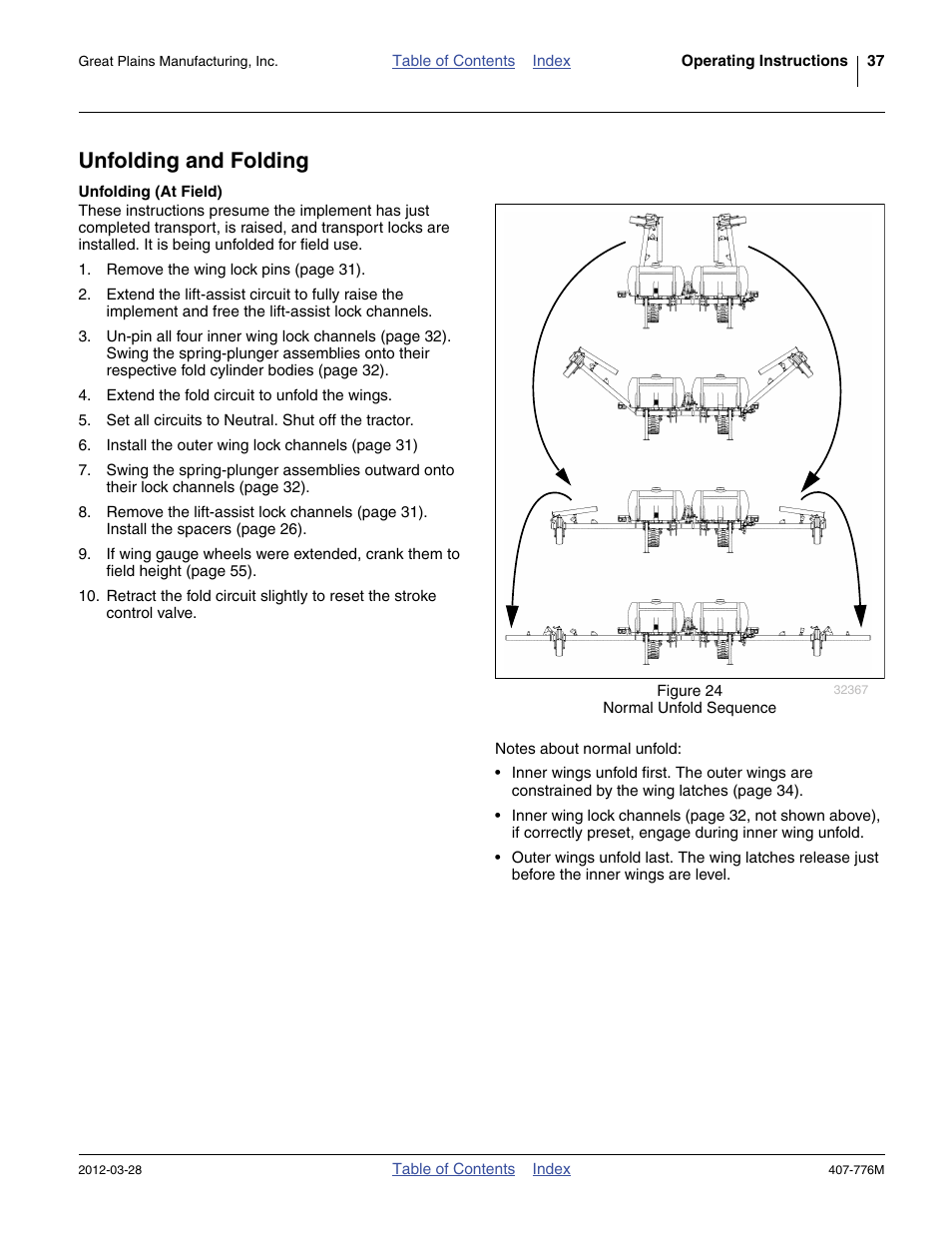 Unfolding and folding, Unfolding (at field), See “ unfolding and folding ” on | Great Plains NP4000 40-foot Operator Manual User Manual | Page 41 / 134