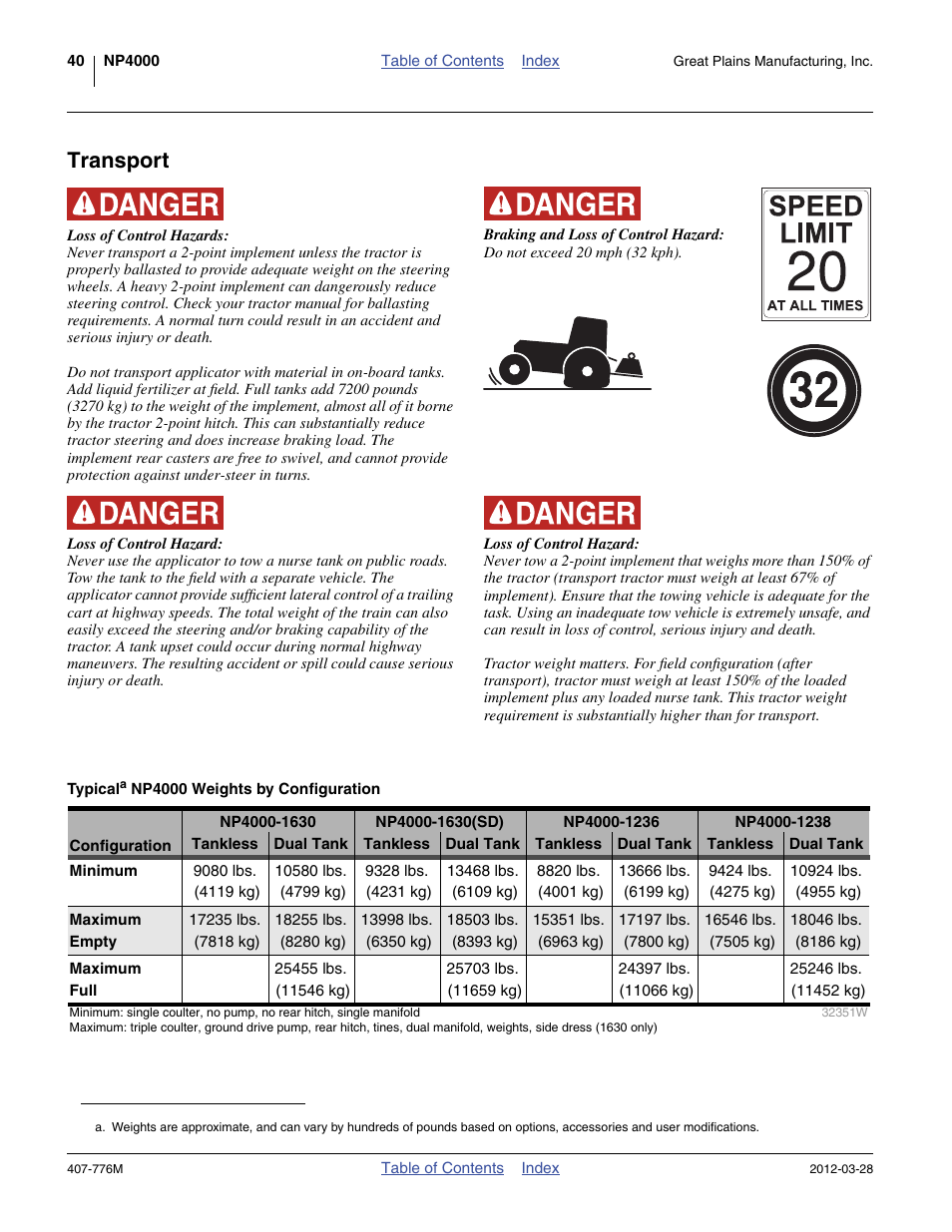 Transport, Typical np4000 weights by configuration | Great Plains NP4000 40-foot Operator Manual User Manual | Page 44 / 134