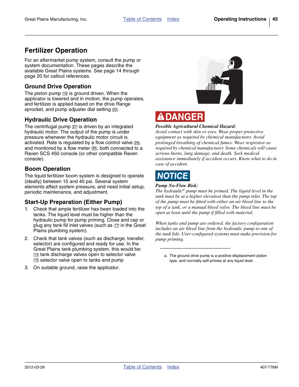 Fertilizer operation, Ground drive operation, Hydraulic drive operation | Boom operation, Start-up preparation (either pump) | Great Plains NP4000 40-foot Operator Manual User Manual | Page 49 / 134
