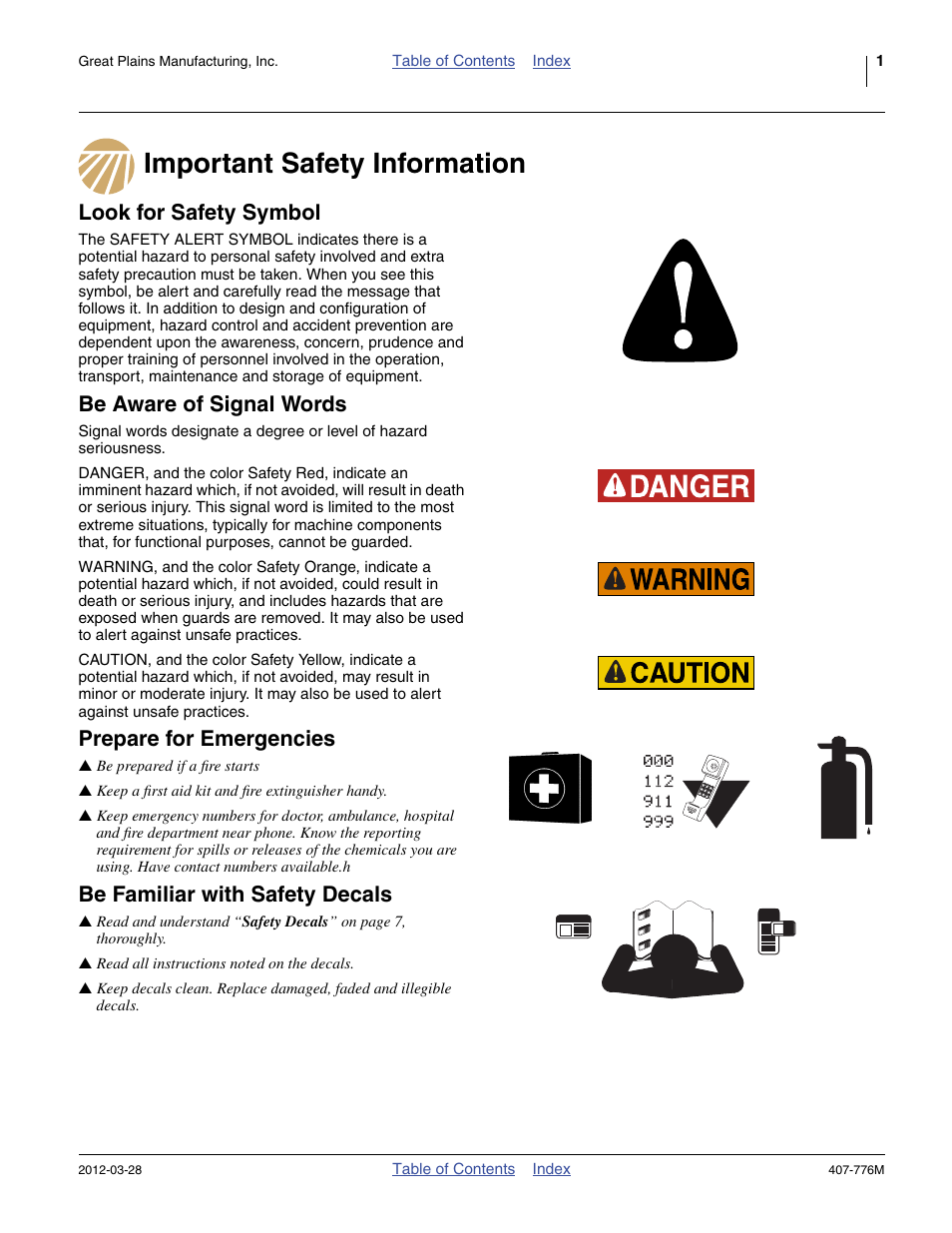 Important safety information, Look for safety symbol, Be aware of signal words | Prepare for emergencies, Be familiar with safety decals | Great Plains NP4000 40-foot Operator Manual User Manual | Page 5 / 134