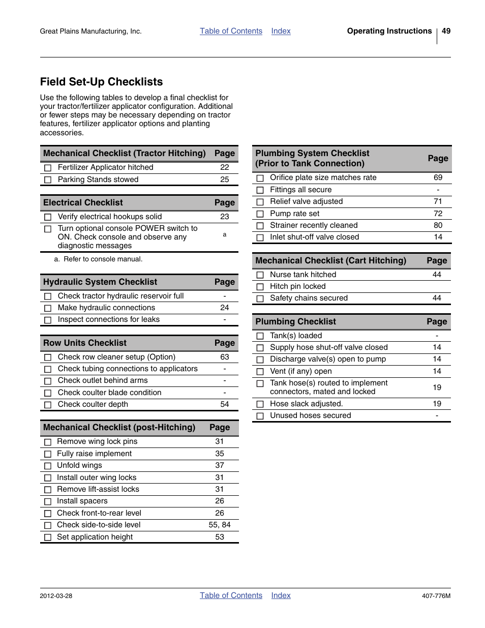 Field set-up checklists | Great Plains NP4000 40-foot Operator Manual User Manual | Page 53 / 134