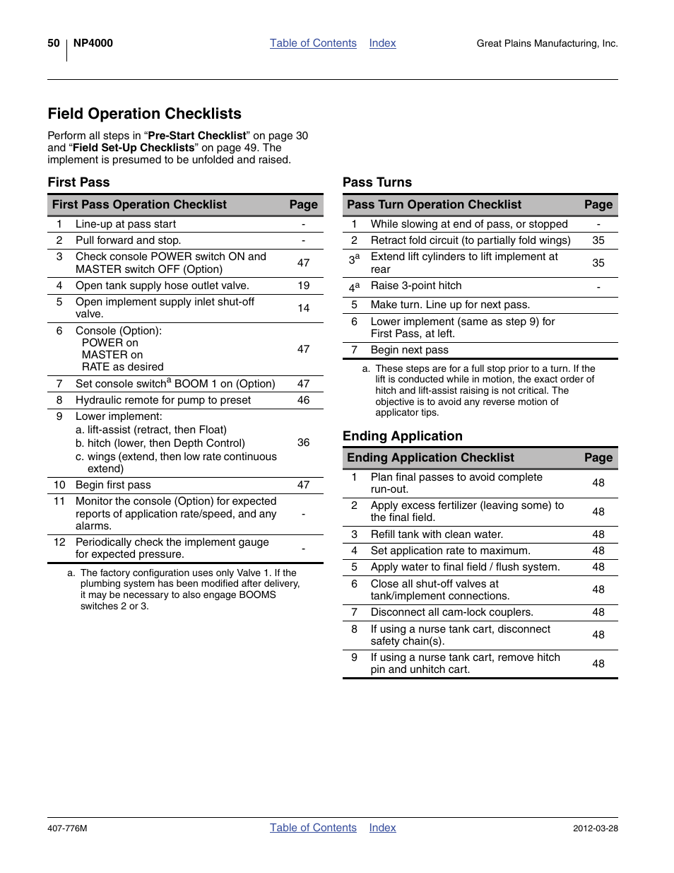 Field operation checklists, First pass, Pass turns | Ending application, First pass pass turns ending application | Great Plains NP4000 40-foot Operator Manual User Manual | Page 54 / 134