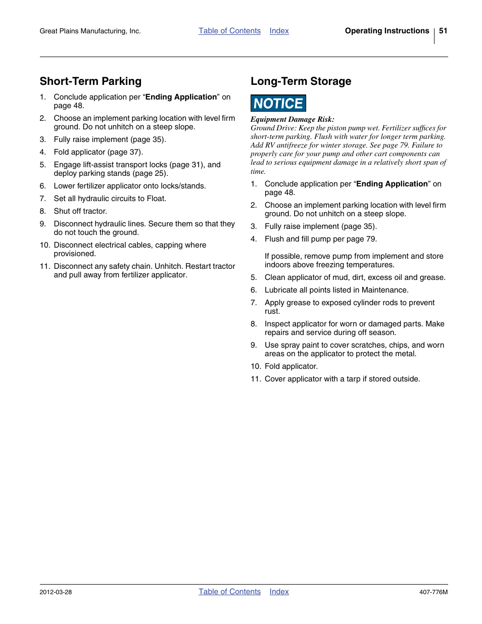 Short-term parking, Long-term storage, Short-term parking long-term storage | Great Plains NP4000 40-foot Operator Manual User Manual | Page 55 / 134