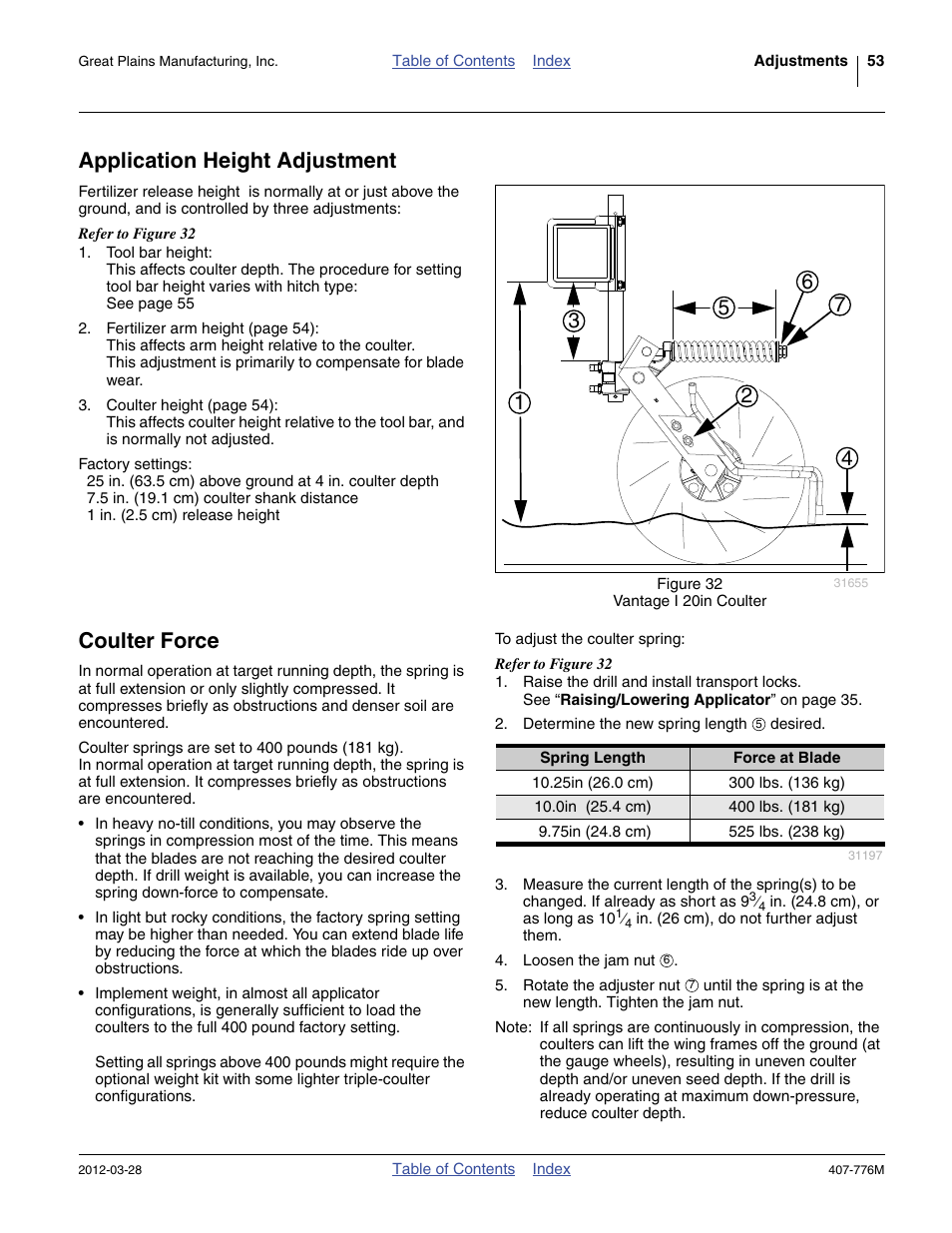 Application height adjustment, Coulter force, Application height adjustment coulter force | Great Plains NP4000 40-foot Operator Manual User Manual | Page 57 / 134