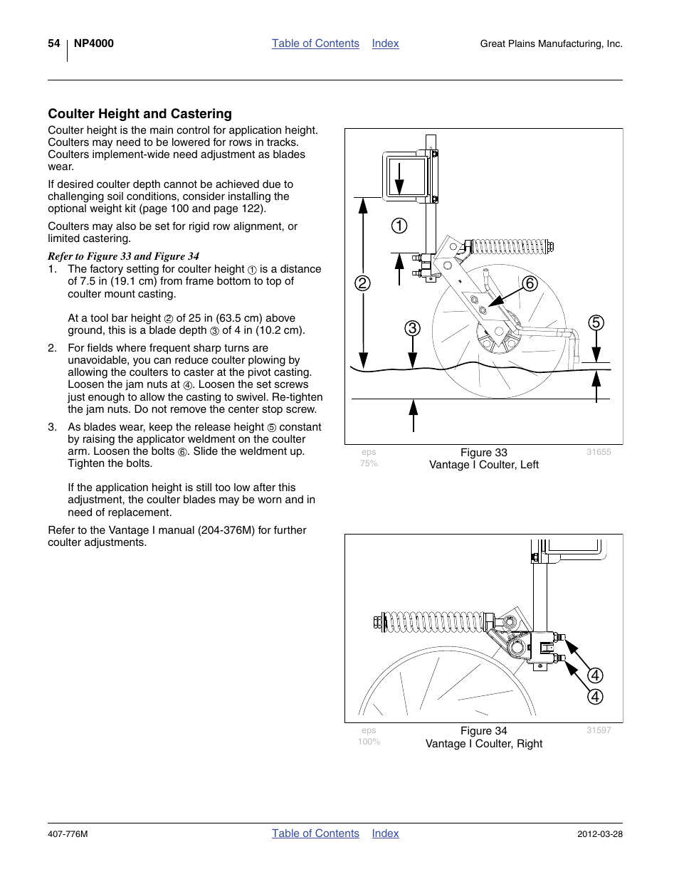 Coulter height and castering | Great Plains NP4000 40-foot Operator Manual User Manual | Page 58 / 134