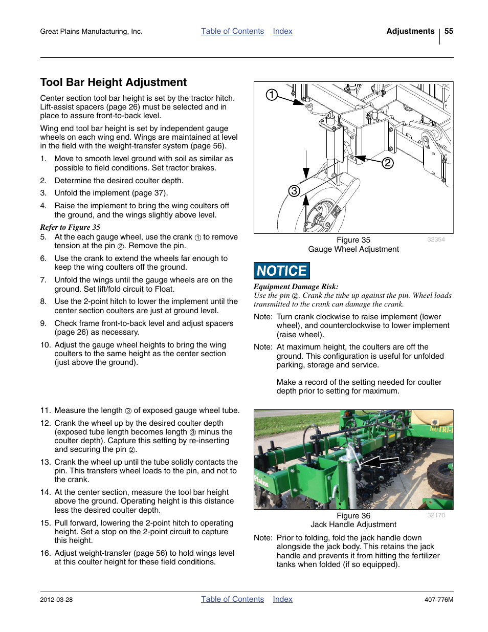 Tool bar height adjustment | Great Plains NP4000 40-foot Operator Manual User Manual | Page 59 / 134