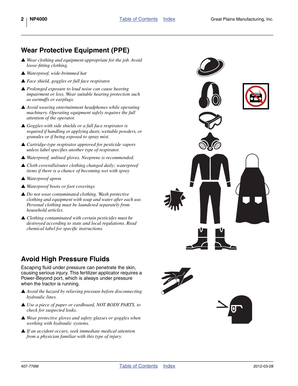 Wear protective equipment (ppe), Avoid high pressure fluids | Great Plains NP4000 40-foot Operator Manual User Manual | Page 6 / 134